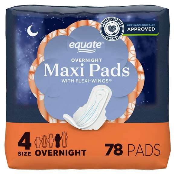 Equate Maxi Pads with Wings, Size 4, Overnight Absorbency, Compare to Always (78 Count)