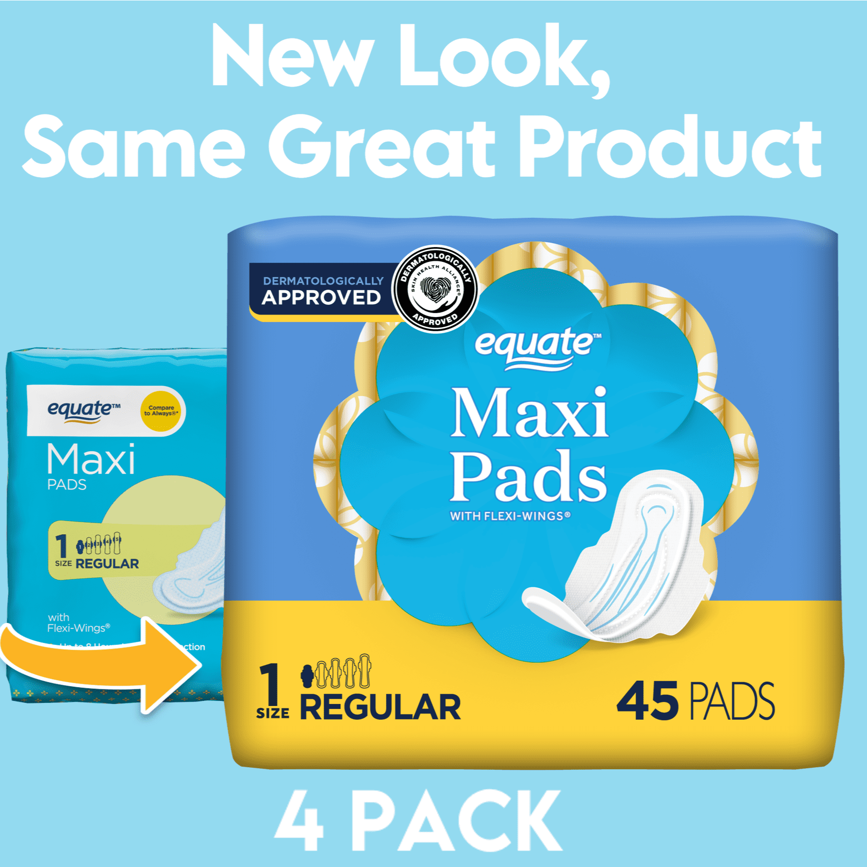 Equate Maxi Pads with Wings, Unscented, Regular, Size 1, (180 Count)
