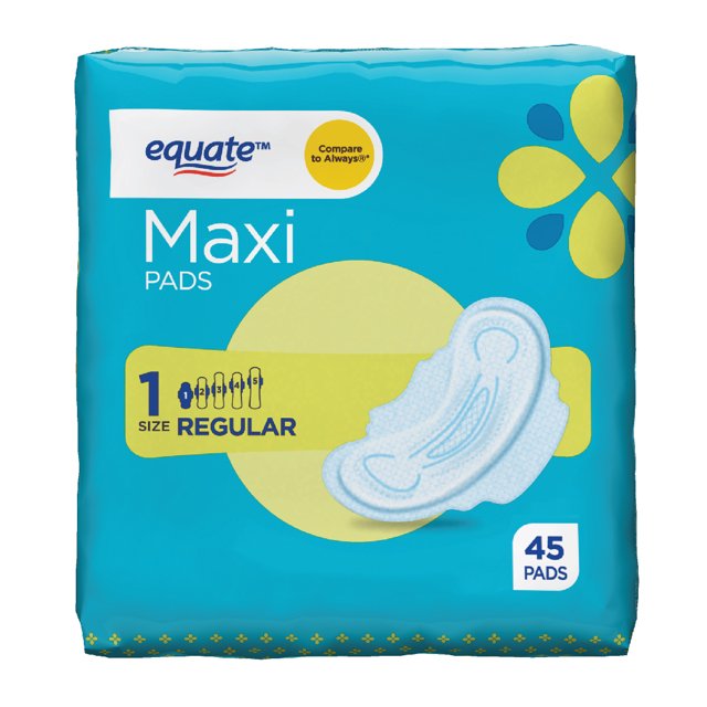 Equate Maxi Pads with Wings, Unscented, Regular, Size 1, (45 Count