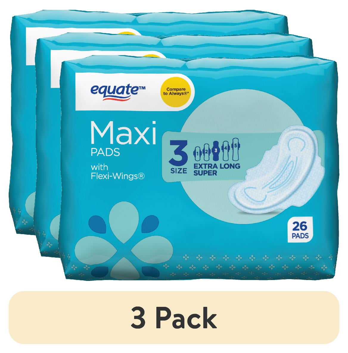 (3 pack) Equate Maxi Pads with Wings, Unscented, Super Absorbency, Size 3 (26 Count)