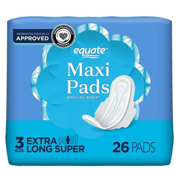 Equate Maxi Pads with Wings, Size 3, Extra Long Super Protection (26 Count)