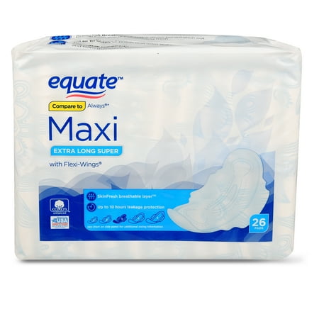 Equate Maxi Pads with Wings, Size 3, Extra Long Super Protection (26 Count)