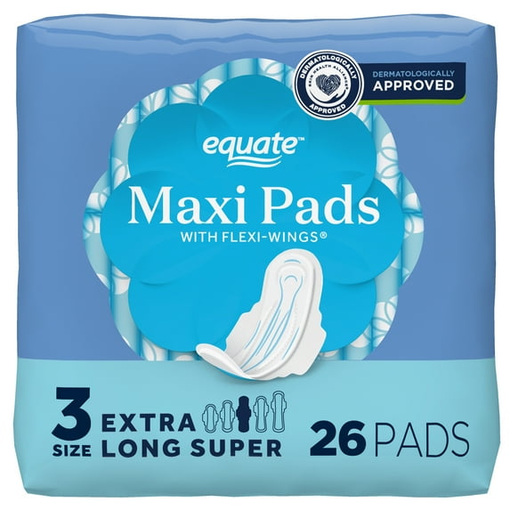 Equate Maxi Pads with Wings, Size 3, Extra Long Super Protection. Unscented, Compare to Always Maxi (26 Count)