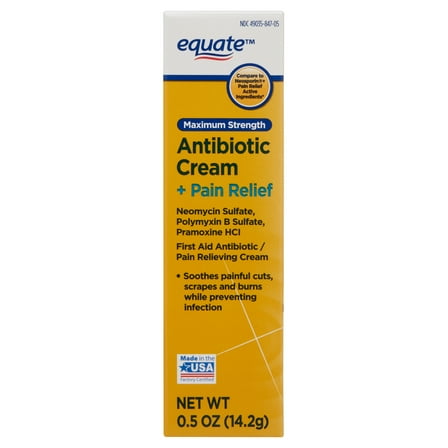 Equate Maximum Strength Antibiotic First Aid Cream + Pain Relief, Compare to Neosporin® + Pain Relief Active Ingredients, 0.5 oz