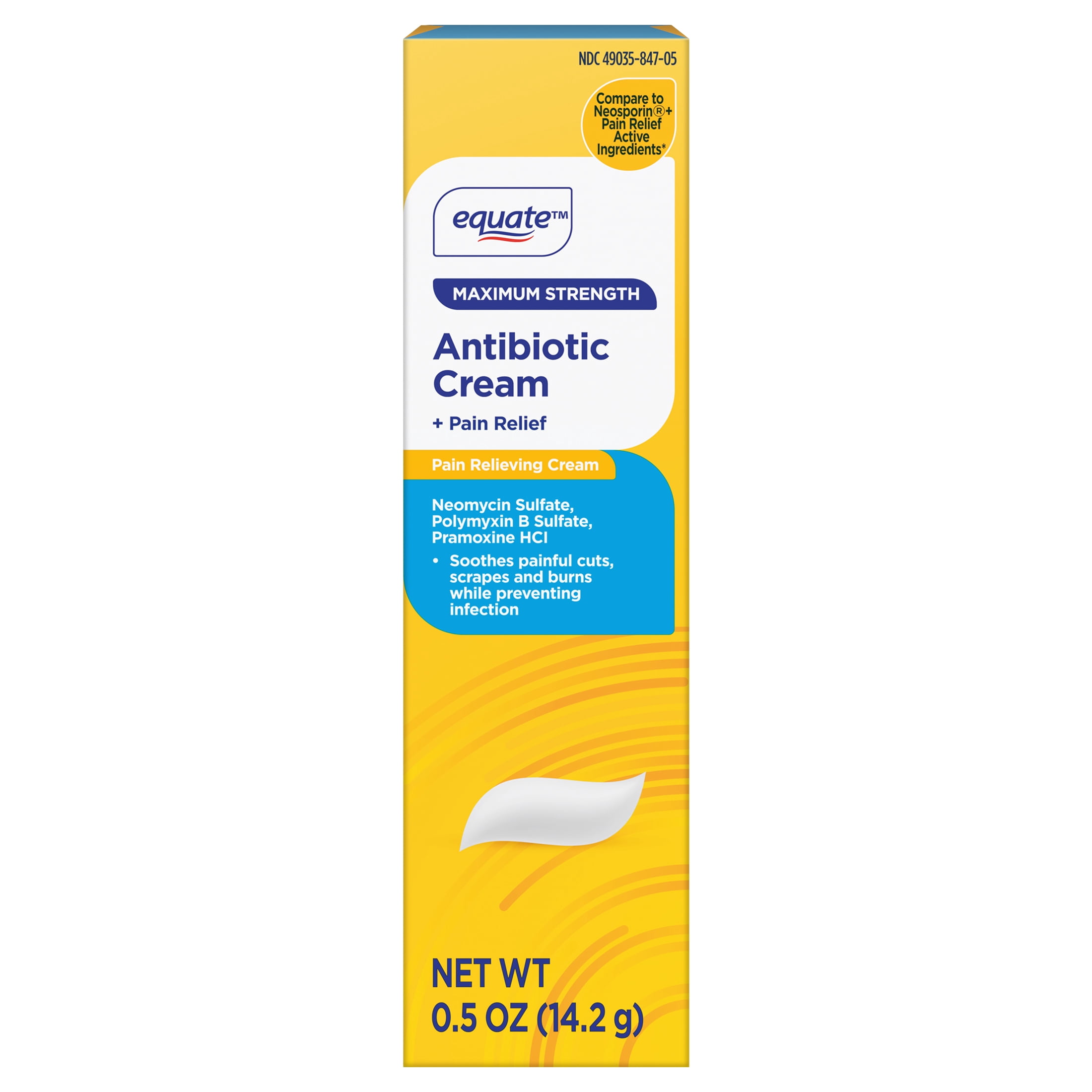 Equate Maximum Strength Antibiotic First Aid Cream + Pain Relief, Compare to Neosporin® + Pain Relief Active Ingredients, 0.5 oz