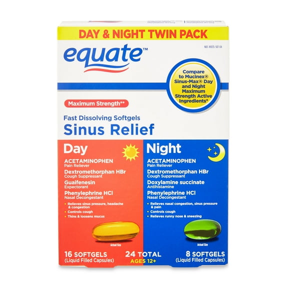 Equate Maximum Strength Daytime & Nighttime Sinus Relief Softgels Combo Pack, 20 Count, Compare to Mucinex Sinus-MAX Day and Night Maximum Strength Active Ingredients