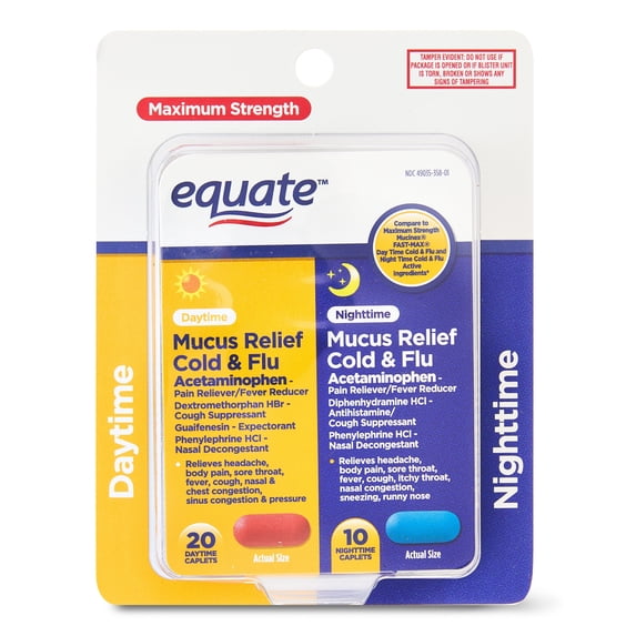 Equate Maximum Strength Day and Night Mucus Relief Cold & Flu Caplets, 30ct