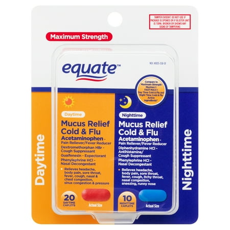 Equate Maximum Strength Daytime Mucus Relief Severe Cold & Nighttime Mucus Relief Cold & Flu Caplets, 30 Count