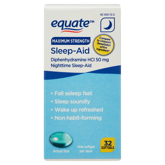 Equate Maximum Strength Diphenhydramine HCl Sleep Support Softgels, 50 mg, 32 Count