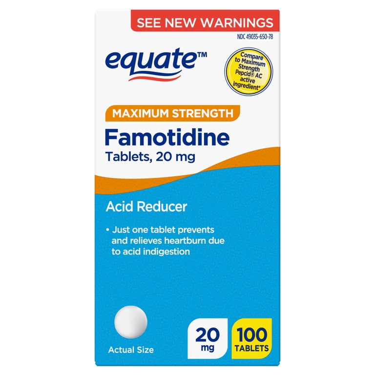 Equate Maximum Strength Famotidine Tablets, 20 mg, Acid Reducer, 100 Count, Compare to Maximum Strength Pepcid AC Active Ingredient