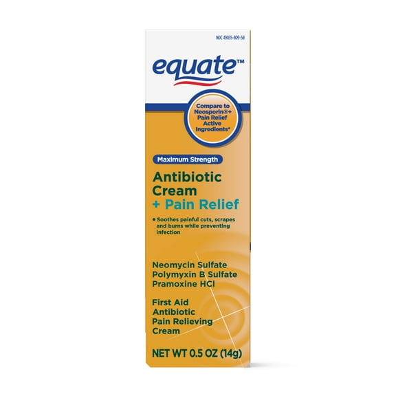 Equate Maximum Strength First Aid Antibiotic Cream + Pain Relief, temporarily relieves pain, 0.5 Oz