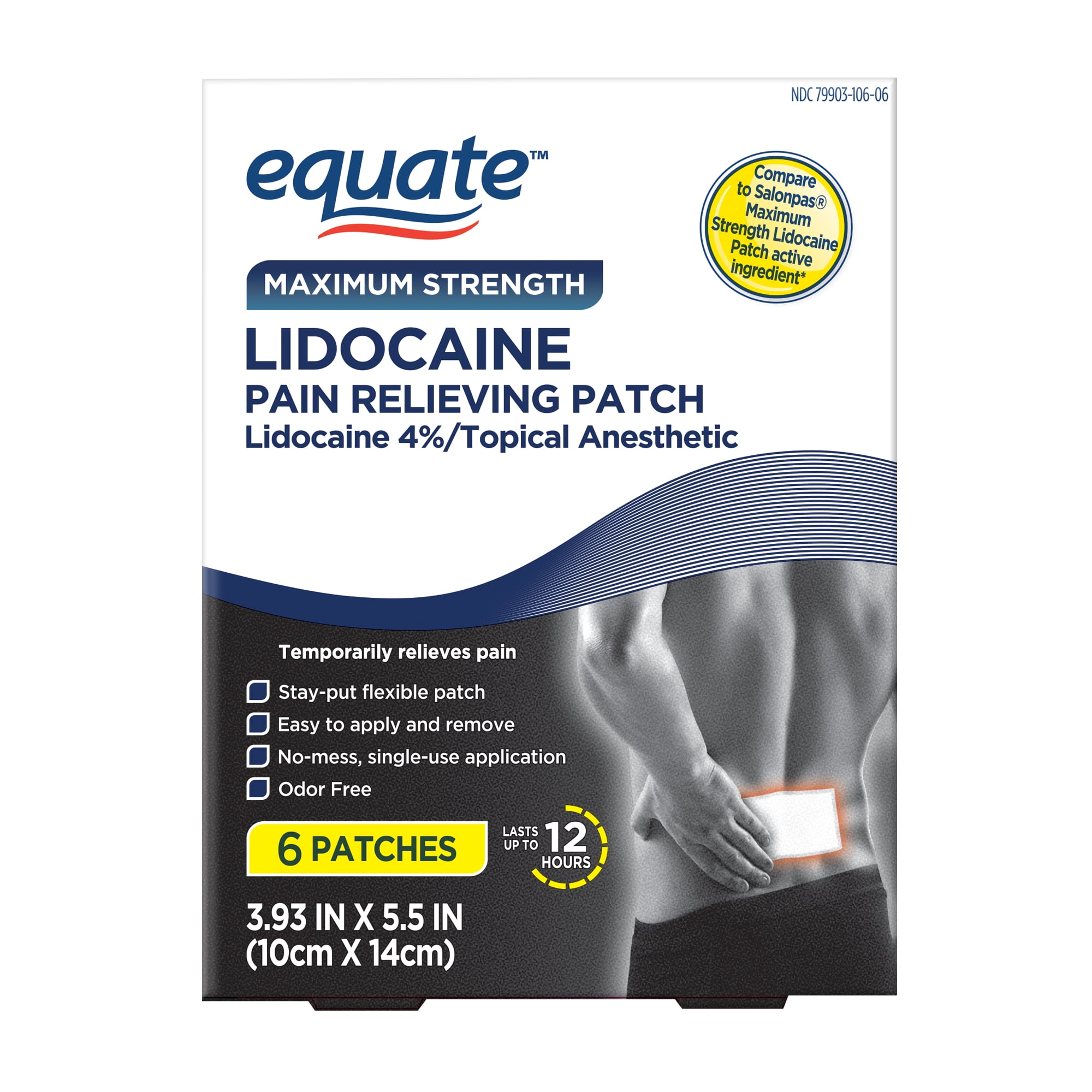 Equate Maximum Strength Lidocaine Pain Relieving Patches for Body, Muscle Aches & Pains - Pack of 6