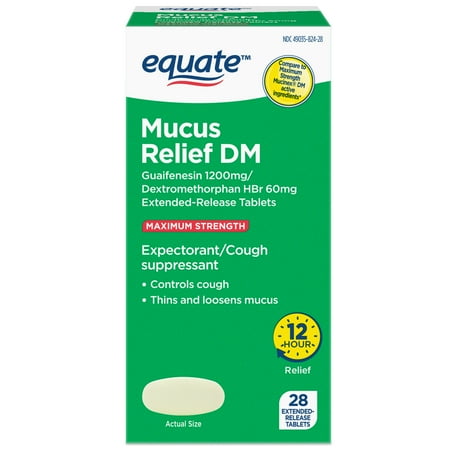 Equate Maximum Strength 12 Hour Mucus Relief DM Guaifenesin and Dextromethorphan Extended Release Tablets, 1200 mg/60 mg, 28 Count, Compare to Maximum Strength Mucinex® DM Active Ingredients
