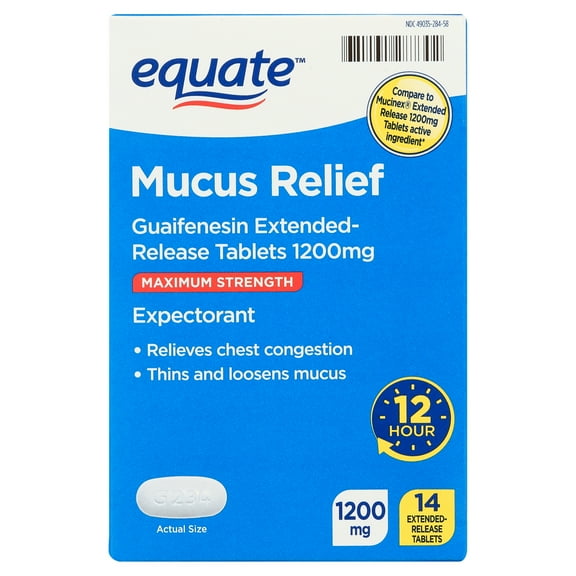 Equate Maximum Strength 12 Hour Mucus ER Guaifenesin Extended-Release Tablets, 1200 mg, 14 Count, Compare to Mucinex Extended Release 1200 mg Tablets Active Ingredient