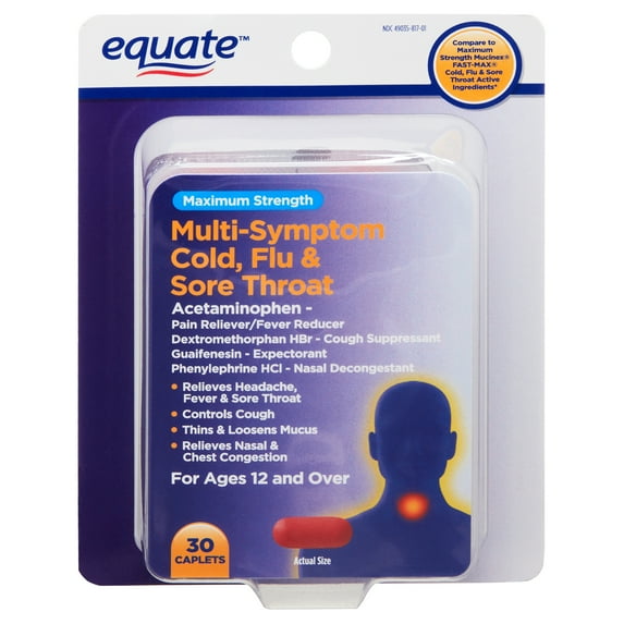 Equate Maximum Strength Multi-Symptom Cold, Flu & Sore Throat Medicine, 30ct Caplets