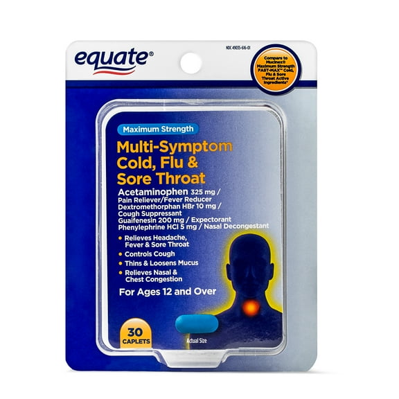 Equate Maximum Strength Multi Symptom Cold, Flu, and Sore Throat Relief caplets, 30 Count