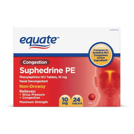 Equate Sinus PE Phenylephrine HCl Tablets, 10 mg, Maximum Strength Nasal Decongestant, 24 ct