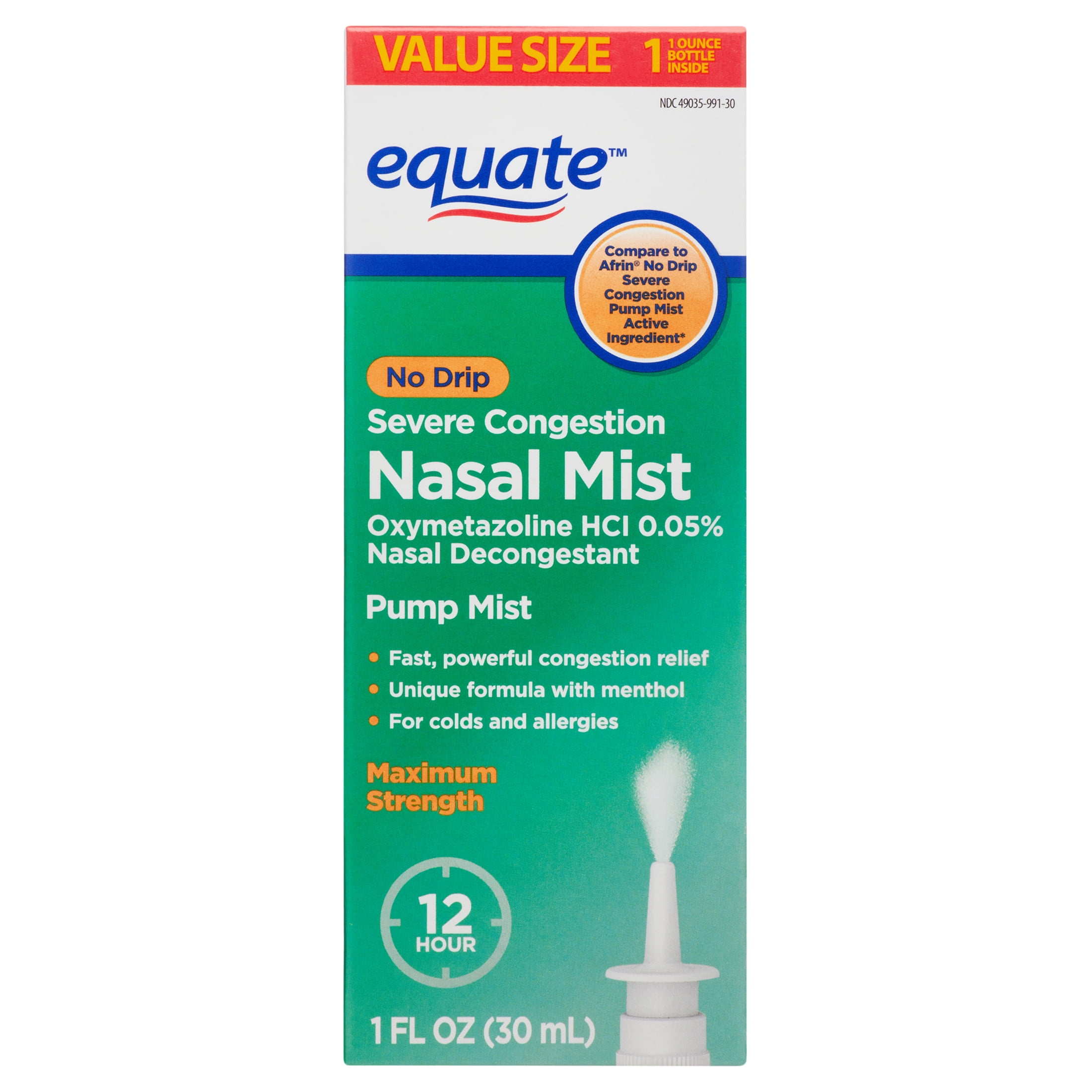 Equate Maximum Strength No Drip Severe Nasal Congestion Relief Pump Mist, over the Counter, 1 fl oz