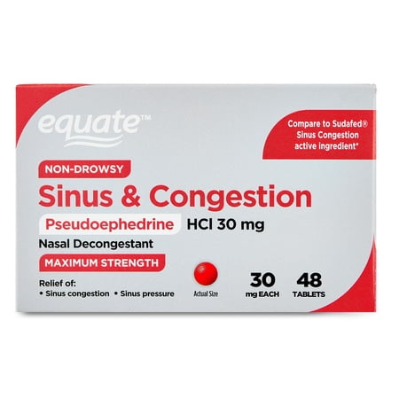 Equate Non-Drowsy Sinus and Congestion Pseudoephedrine HCI 30 mg Maximum Strength Tablets, 48 Count, Compare to Sudafed® Sinus Congestion Active Ingredient
