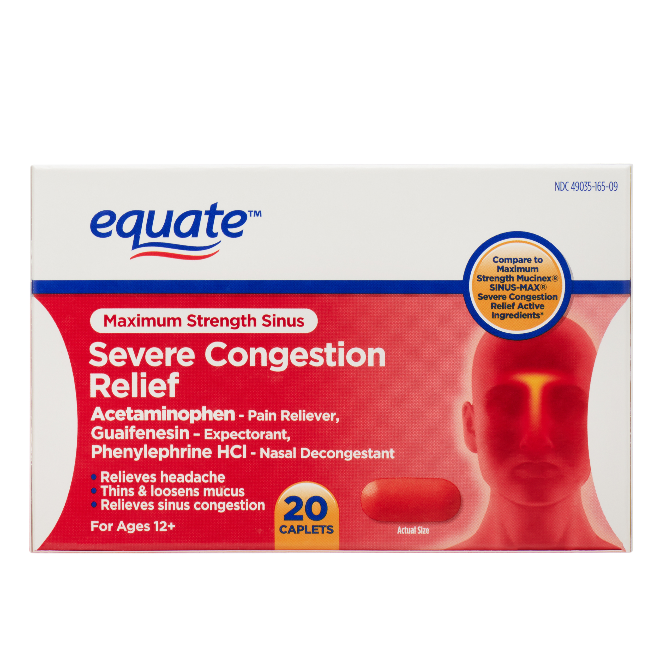 Equate Maximum Strength Sinus Severe Congestion Relief Caplets, 20 Count - image 1 of 7