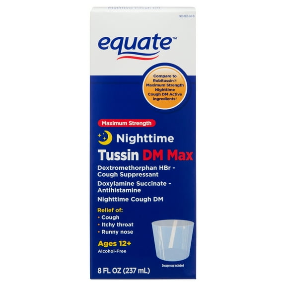 Equate Maximum Strength Nighttime Tussin DM Max Cough Suppressant Liquid, 8 fl oz, Compare to Robitussin Maximum Strength Nighttime Cough DM Active Ingredients