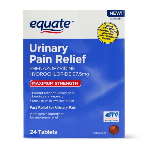 Equate Maximum Strength Urinary Pain Relief Phenazopyridine Tablets, 97.5 mg, 24 Count