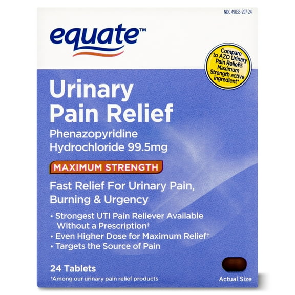 Equate Maximum Strength Urinary Pain Relief Phenazopyridine Tablets, 99.5 mg, 24 Count, Compare to AZO Urinary Pain Relief® Maximum Strength Active Ingredient