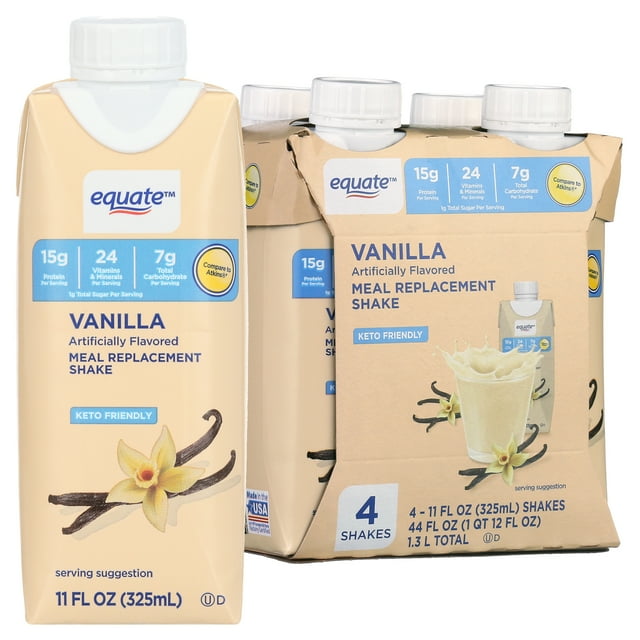 Equate Meal Replacement Shake, Vanilla, 4 Ct, 11 fl oz Each, White