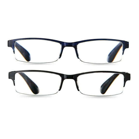 Equate Quinn Value 2-Pack Unisex Rectangular Reading Glasses with Case, Black/Navy Blue, +1.25