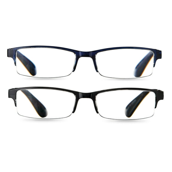 Equate Quinn Value 2-Pack Unisex Rectangular Reading Glasses with Case, Black/Navy Blue, +1.75