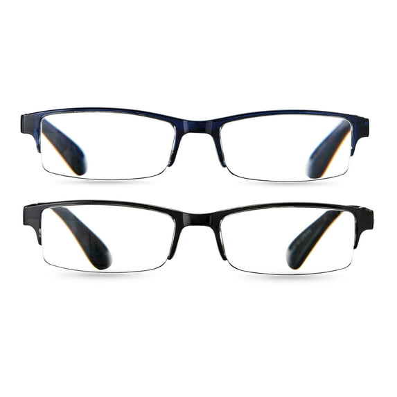 Equate Quinn Value 2-Pack Unisex Rectangular Reading Glasses with Case, Black/Navy Blue, +3.00