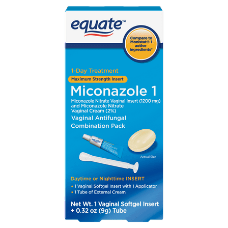 Equate Miconazole 1 Day Antifungal Combination Pack with Vaginal Insert and Cream, 1 Insert + 9g Tube, Compare to Monistat® 1 Active Ingredients