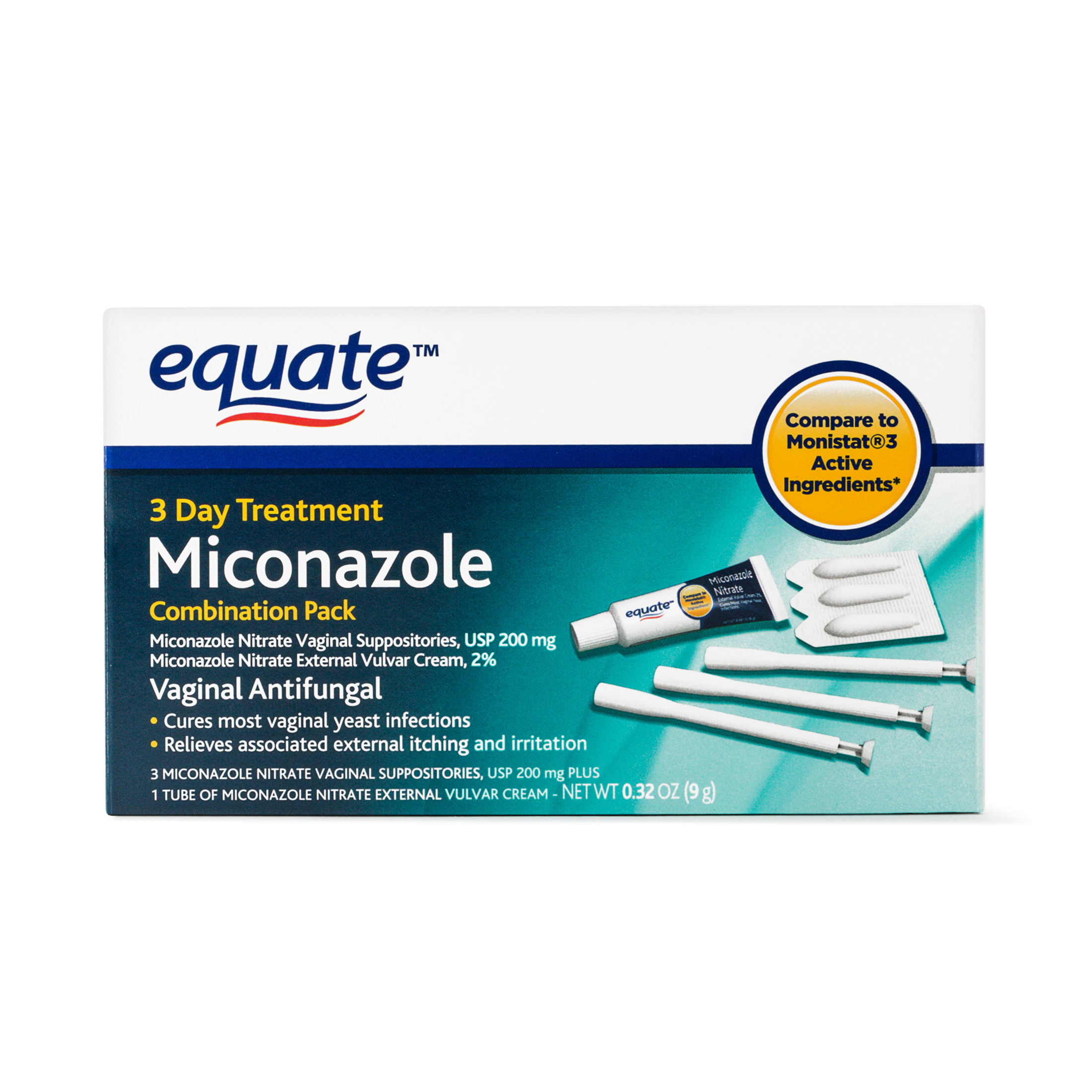 Equate Miconazole 3-Day Vaginal Cream Treatment, 2% External Vulvar Cream And 200 Mg Suppositories With Disposable Applicators - image 1 of 7