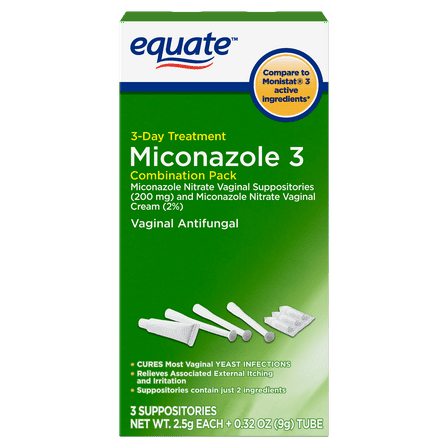 Equate Miconazole 3 Day Combination Pack with Suppositories & Cream, 2.5 g each + 9g tube, Compare to Monistat® 3 Active Ingredients