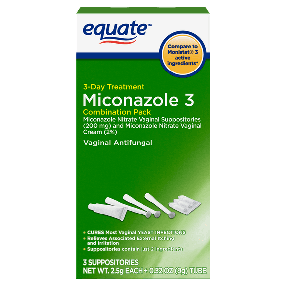 Equate Miconazole 3 Day Combination Pack with Suppositories & Cream, 2.5 g each + 9g tube, Compare to Monistat® 3 Active Ingredients