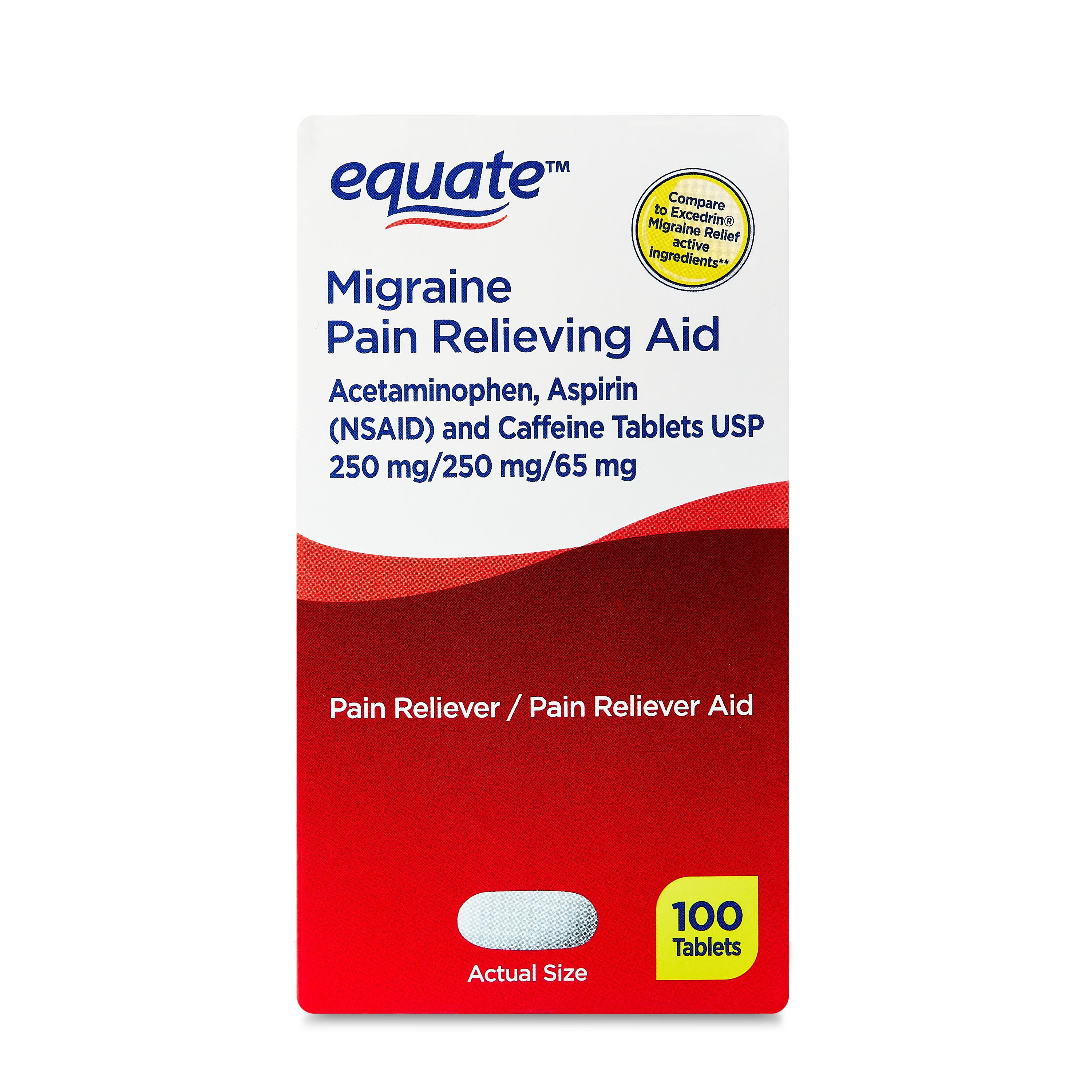 Equate Migraine Pain Relieving Aid Acetaminophen Aspirin and Caffeine Tablets, 100 Count, Compare to Excedrin Migraine Relief Active Ingredients