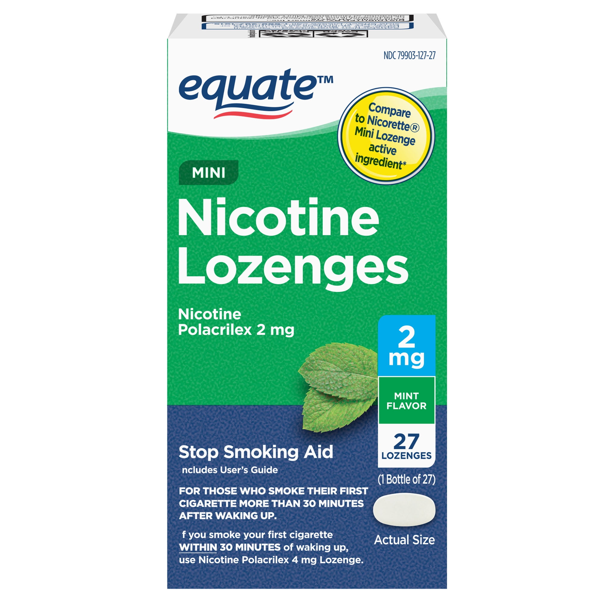 Equate Mini Nicotine Lozenge 2 mg, Mint Flavor, Stop Smoking Aid, 27