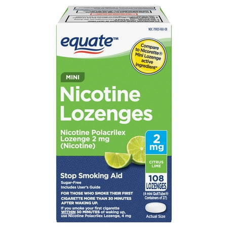 Equate Mini Nicotine Lozenge 2 mg, Stop Smoking Aid, Citrus Flavor, 108 Count
