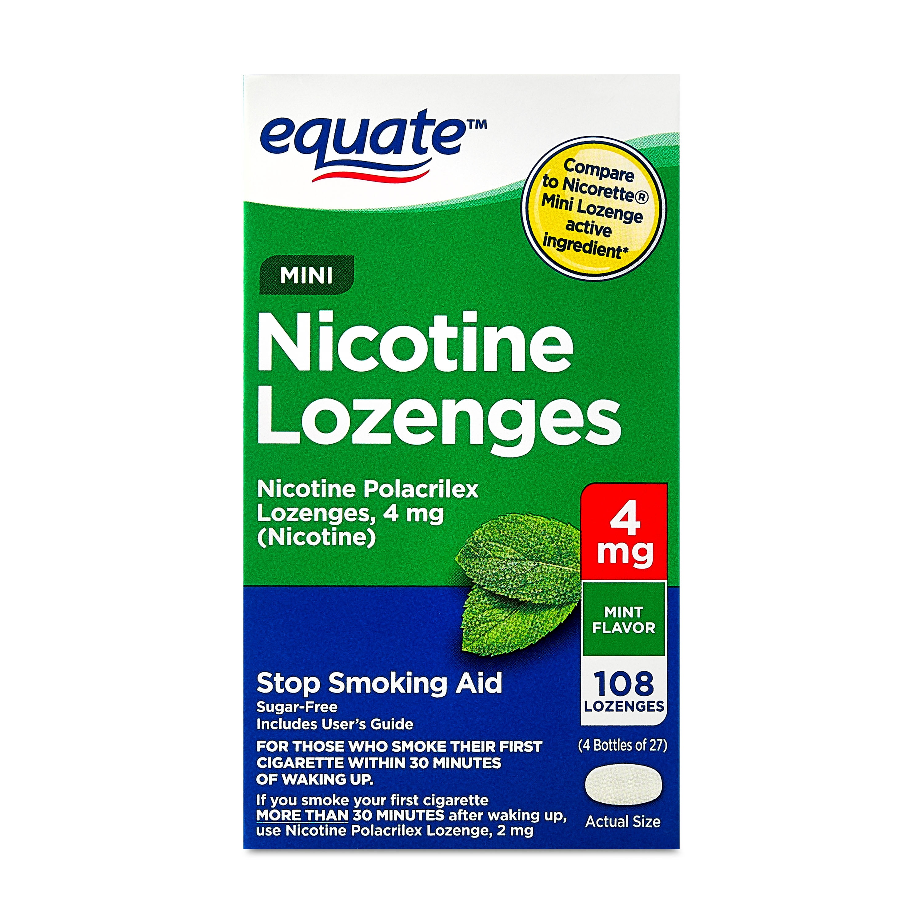 Equate Mini Nicotine Polacrilex Lozenges, 4mg, Mint, 108 Count