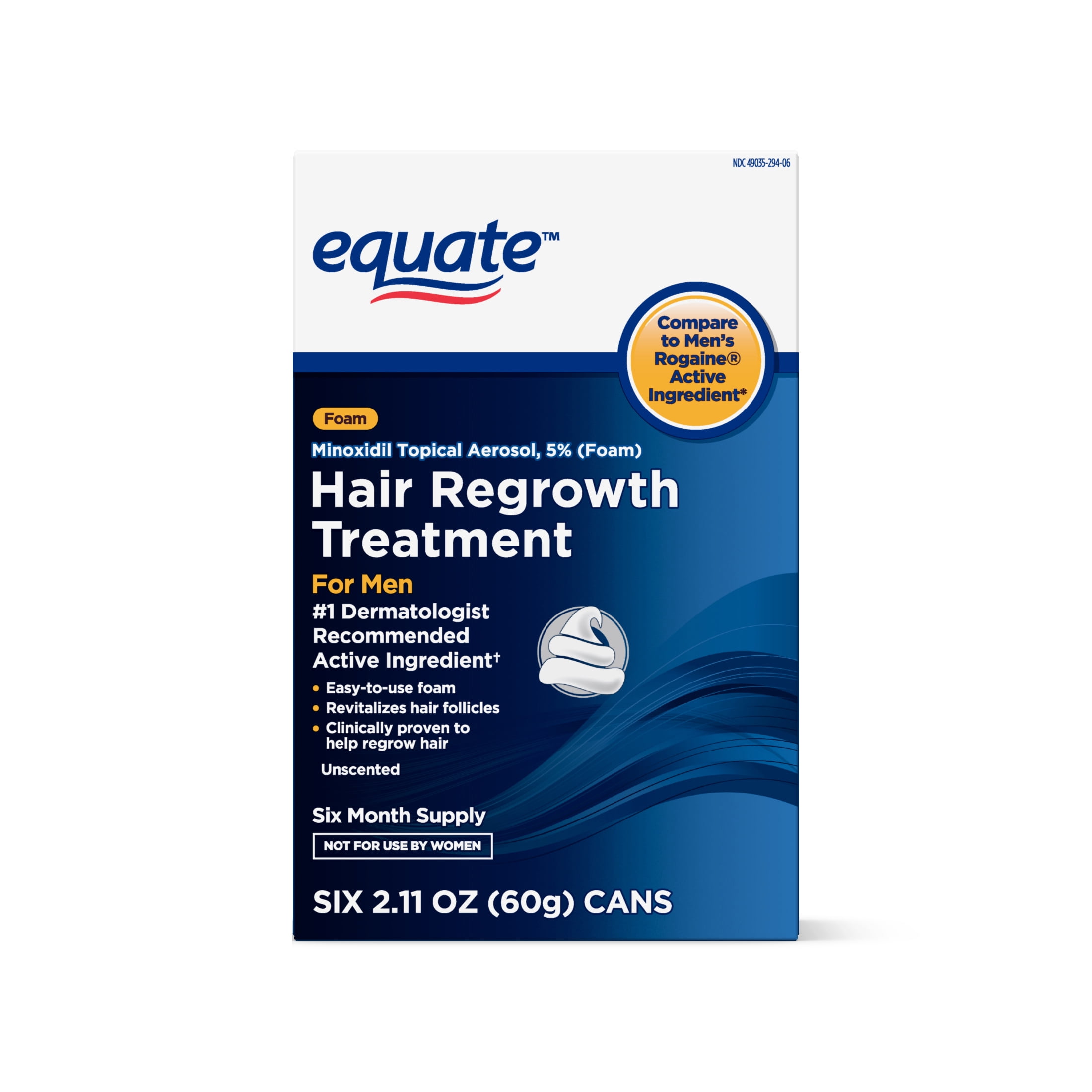 Equate Minoxidil Topical Aerosol 5% Hair Loss & Regrowth Treatment for Men, 6-Month Supply, 2.11 oz, 6 Piece