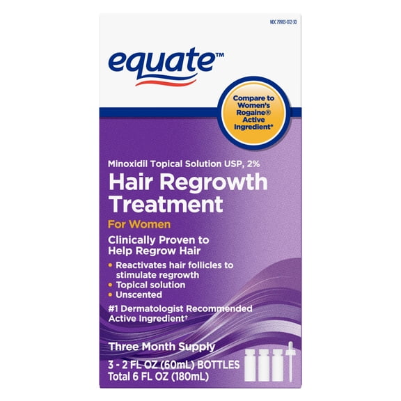Equate Minoxidil Topical Solution, 2 Percent, Hair Regrowth Treatment For Women, 2 fl oz, 3 Pack