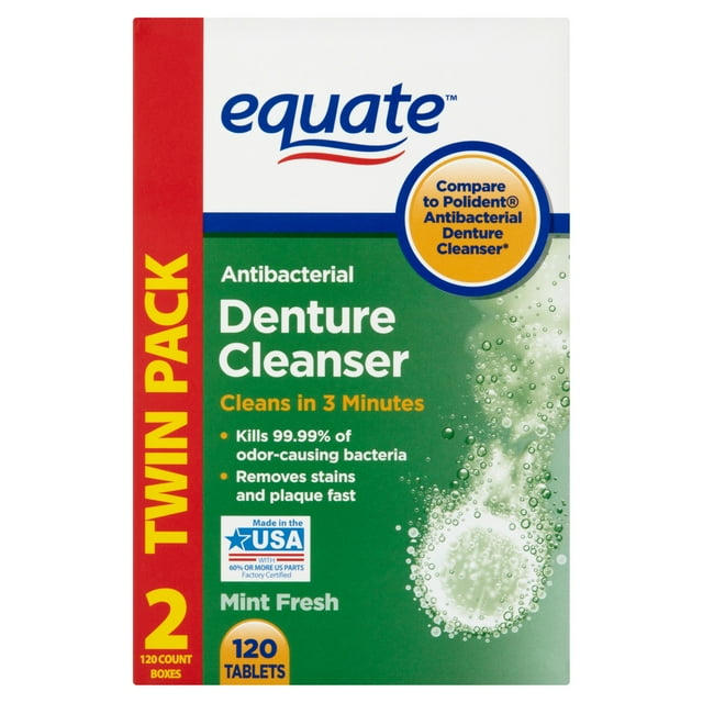 Equate Mint Fresh Antibacterial Denture Cleanser Tablets Twin Pack, 120