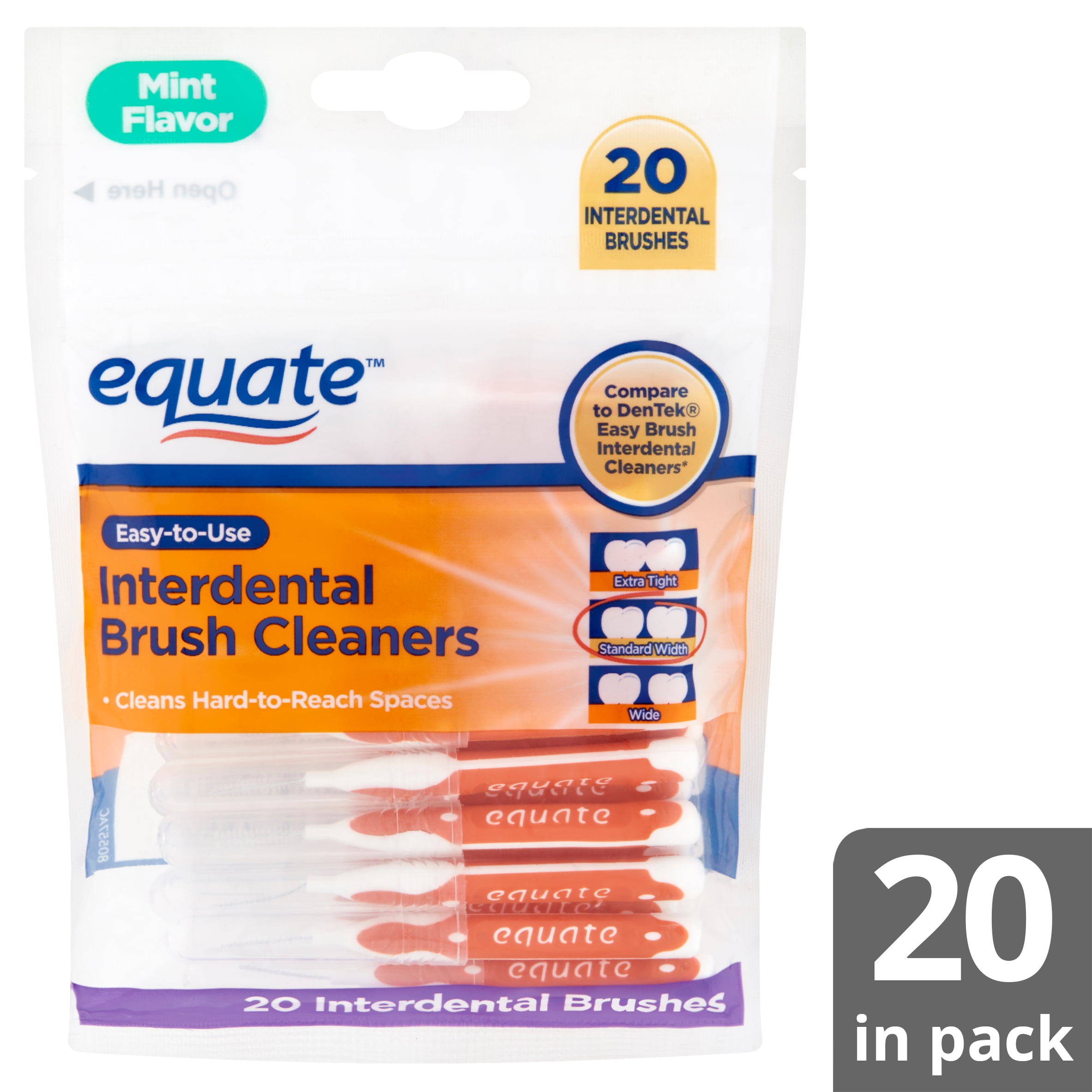 Equate Mint Interdental Brushes Value Pack, Flexible Head, Straight Bristles, Moderate Teeth Spacing, 20 Count