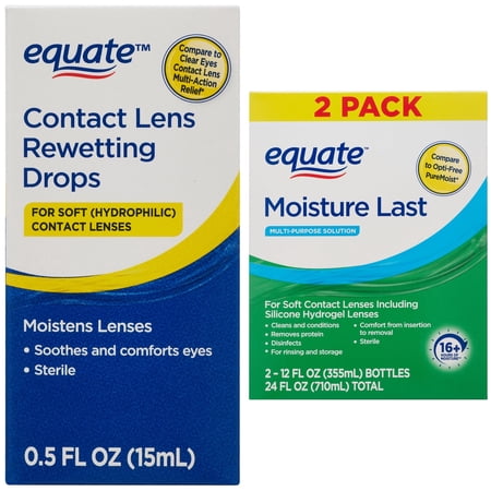 Equate Moisture Last Multi-Purpose Contact Lense Solution Twin Pack / Contact Lens Rewetting Drops Bundle