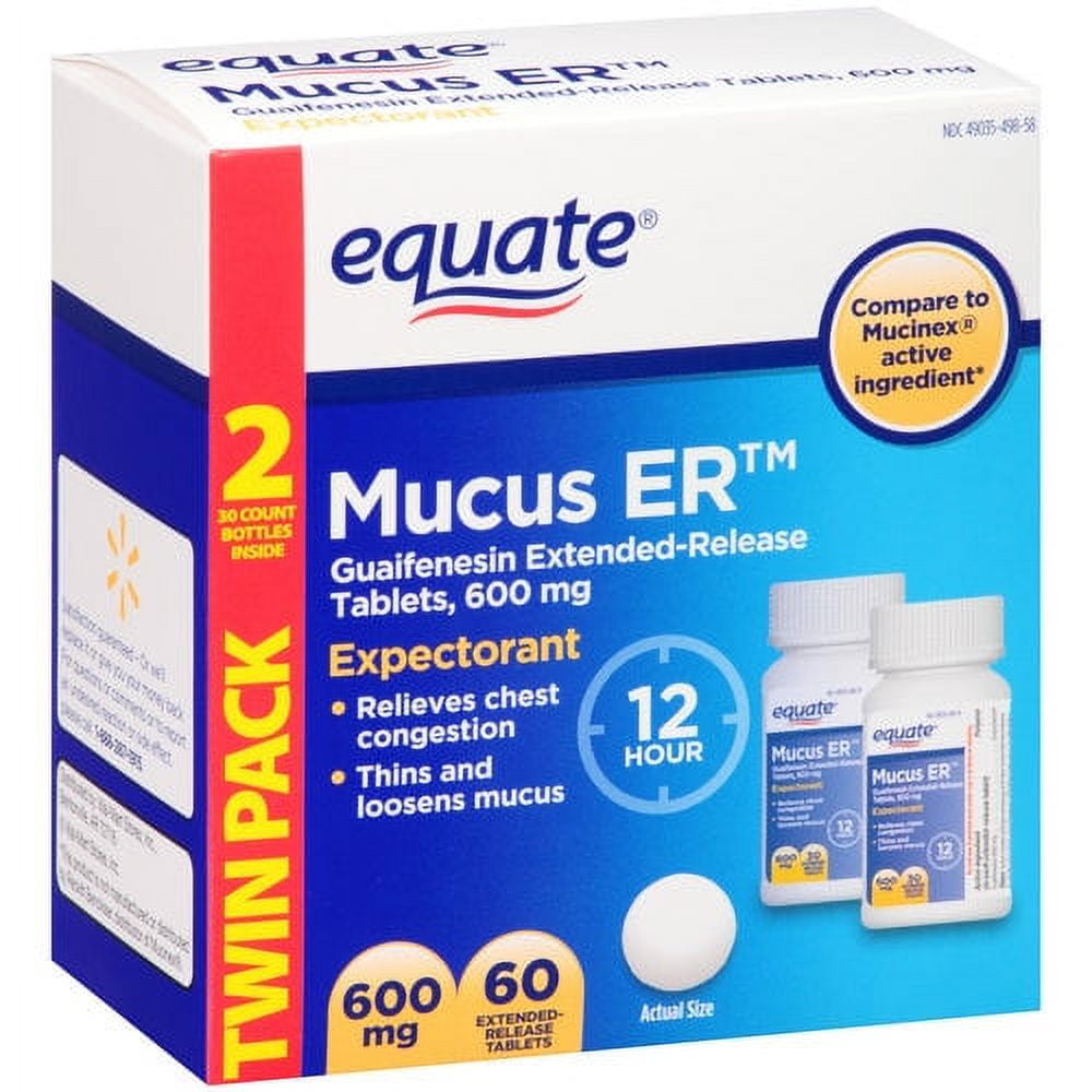 Equate Mucus-ER Expectorant Extended Release Tablets, 600 mg, 60 Ct, 2 ...