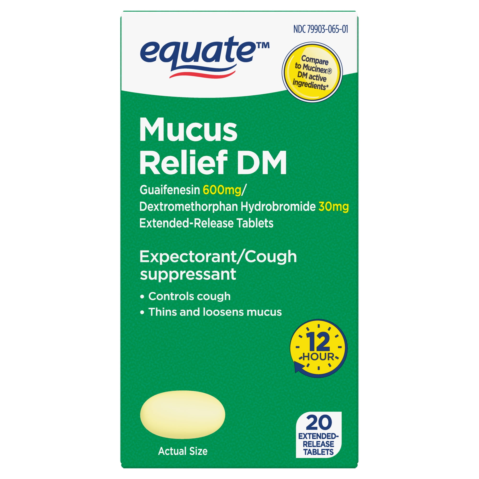 Equate Mucus Relief DM, Expectorant and Cough Suppressant, 12 Hour Relief Tablets, 20 Count