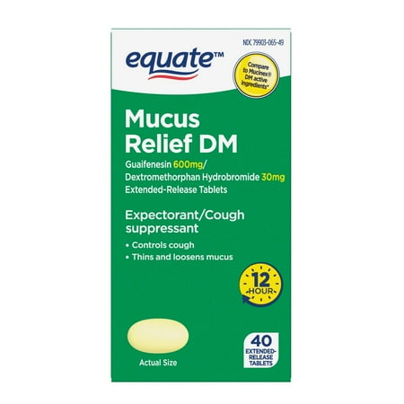 Equate Mucus Relief DM, Expectorant and Cough Suppressant, 12 Hour Relief Tablets, 40 Count