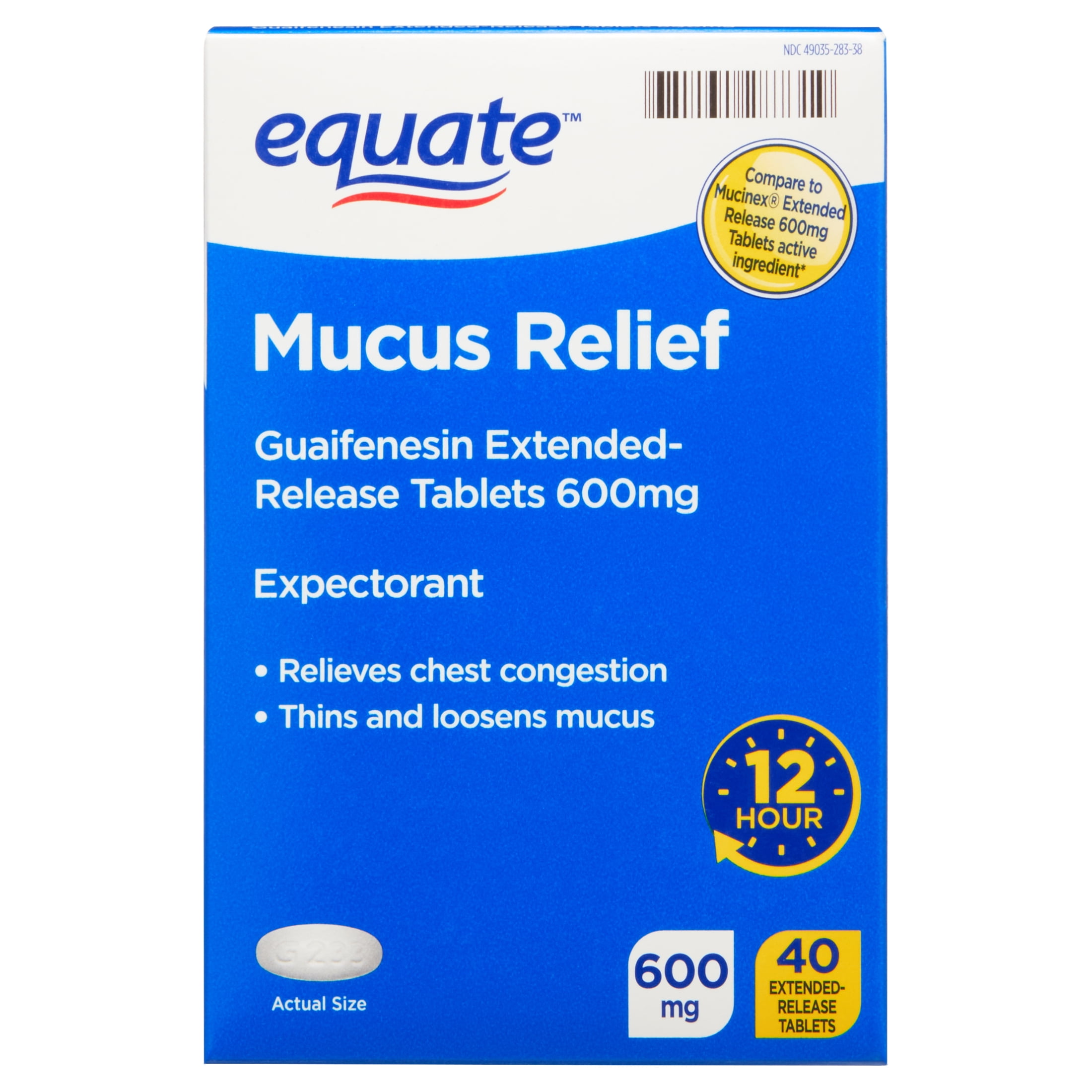 Equate Guaifenesin 600 mg Cough & Cold, Sinus Relief, Chest Decongestant Tablets for Chest Congestion Set with 40 Extended-Release Tablets, 40 Count