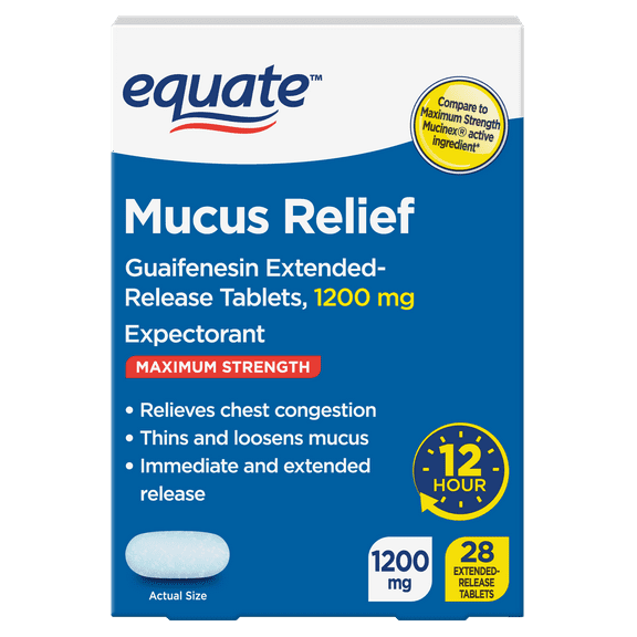 Equate 12 Hour Maximum Strength Mucus-ER Guaifenesin Cough and Mucus Relief Extended-Release Tablets, 1200 mg, 28 Count, Compare to Maximum Strength Mucinex Active Ingredient