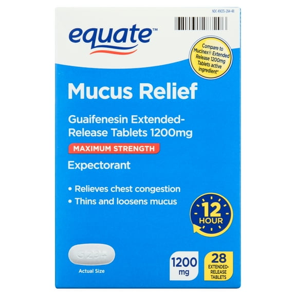 Equate Maximum Strength 12 Hour Mucus ER Guaifenesin Extended-Release Tablets, 1200 mg, 28 Count, Compare to Mucinex Extended Release 1200 mg Tablets Active Ingredient